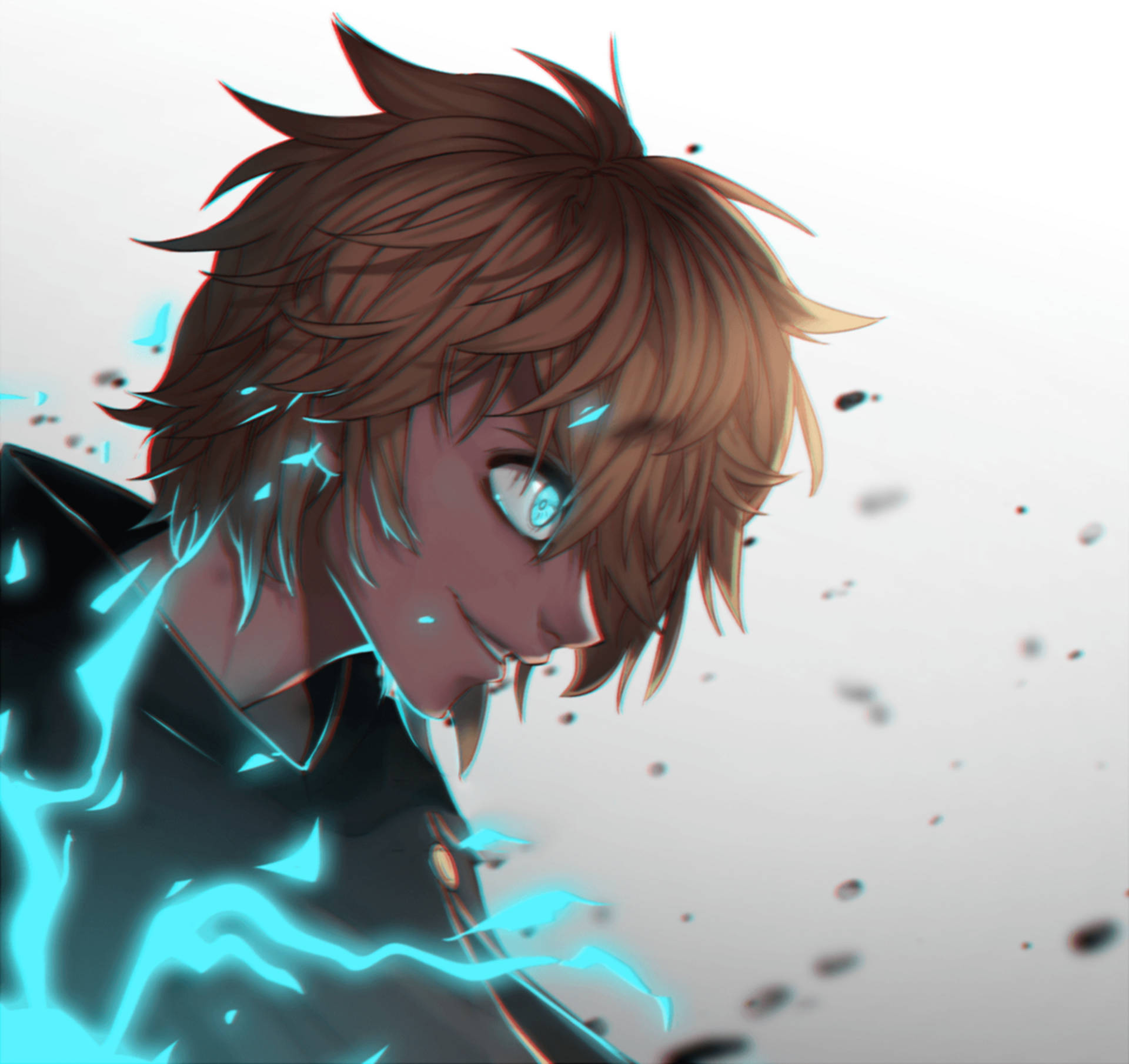 Luck Voltia 桌布 壁紙 — 動漫男孩，棕色刺蝟頭，發光藍色眼睛，被電藍色能量火花包圍，背景為純白色。