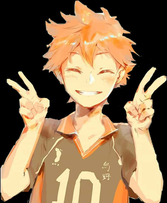 日向 桌布 壁紙 — 動漫男孩，橙色尖刺頭髮，在黑色背景前雙手比出和平手勢，咧嘴大笑。