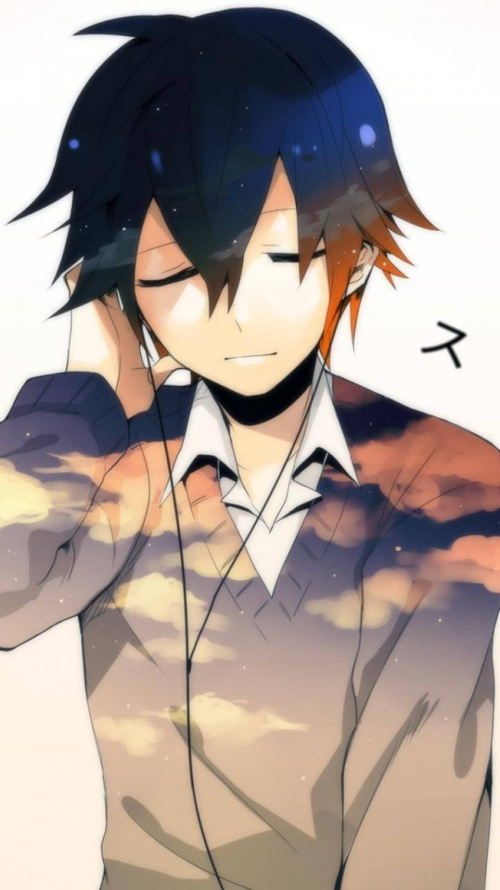 動漫男孩 桌布 壁紙 — 動漫男孩，深色頭髮，閉著眼睛，穿著西裝，宇宙天空和雲彩在他周圍旋轉。