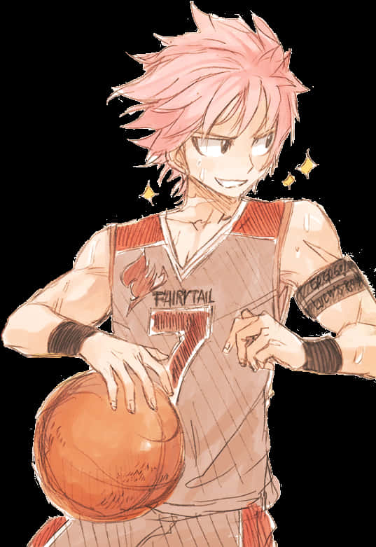 Natsu 桌布 壁紙 — 動漫男孩，粉紅色尖刺頭髮，身穿『FAIRY TAIL』球衣，手持籃球，頭部周圍有星星閃爍。