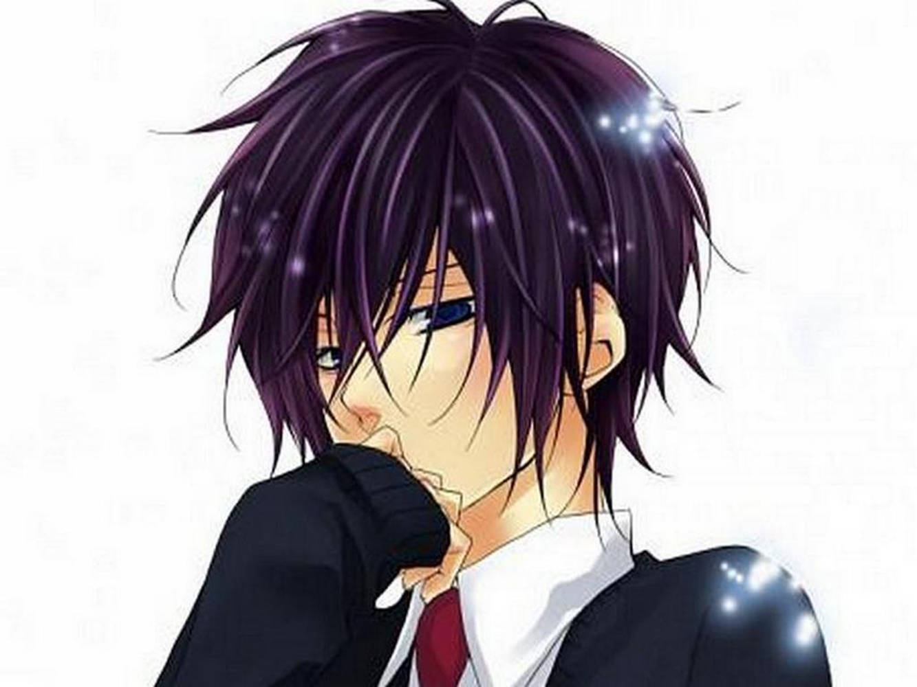 動漫男孩 桌布 壁紙 — 動漫男孩，紫色尖髮，藍色眼睛，穿著校服，戴手套的手遮住嘴巴。