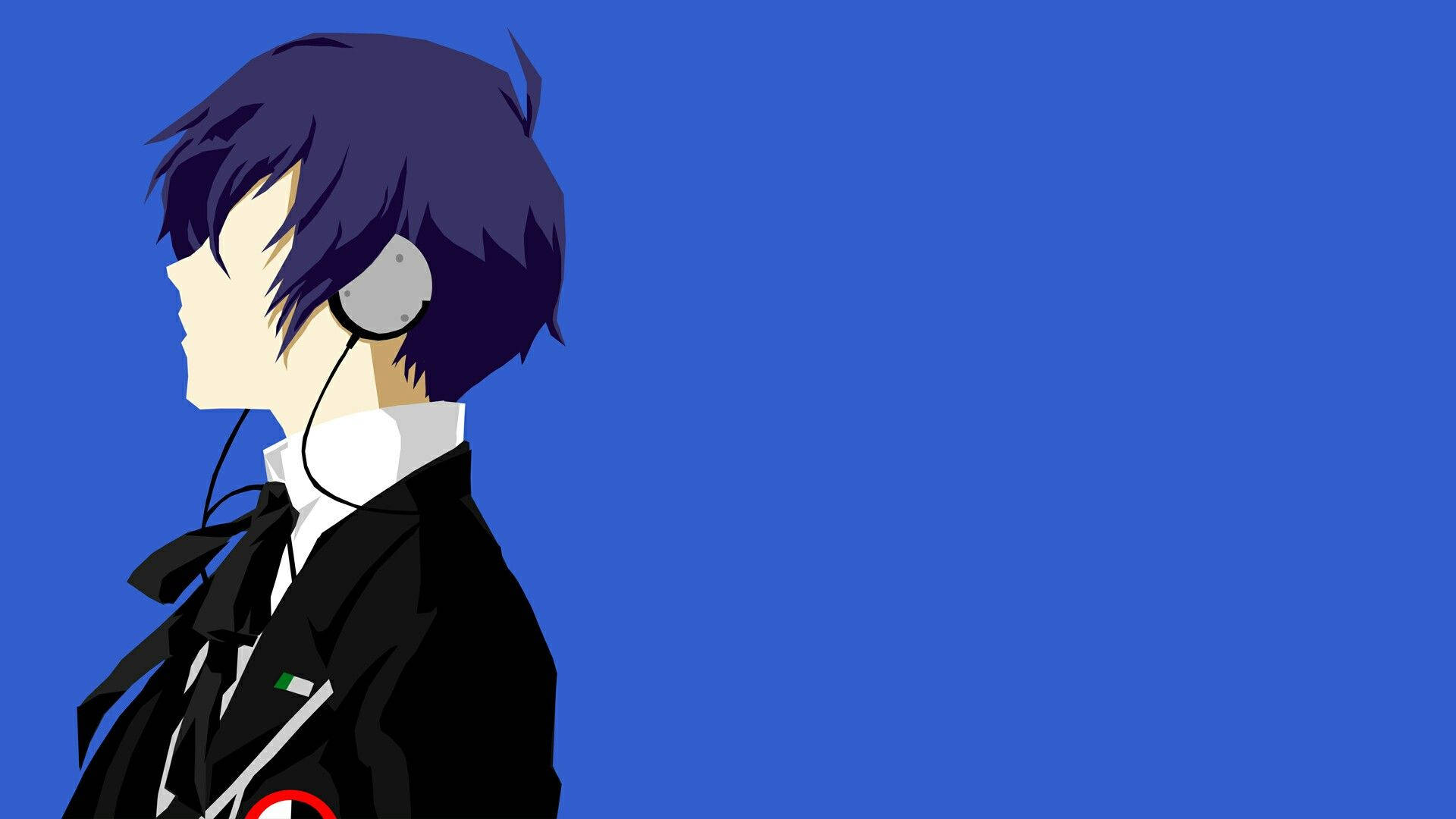 Persona 3 桌布 壁紙 — 動漫男孩，紫色頭髮，戴耳機，側面，純藍色背景。