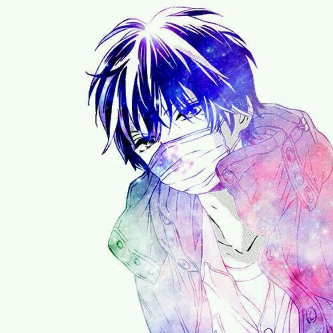 可愛動漫 桌布 壁紙 — 動漫男孩，藍色尖刺頭髮，戴著口罩，背景為宇宙漸變色。