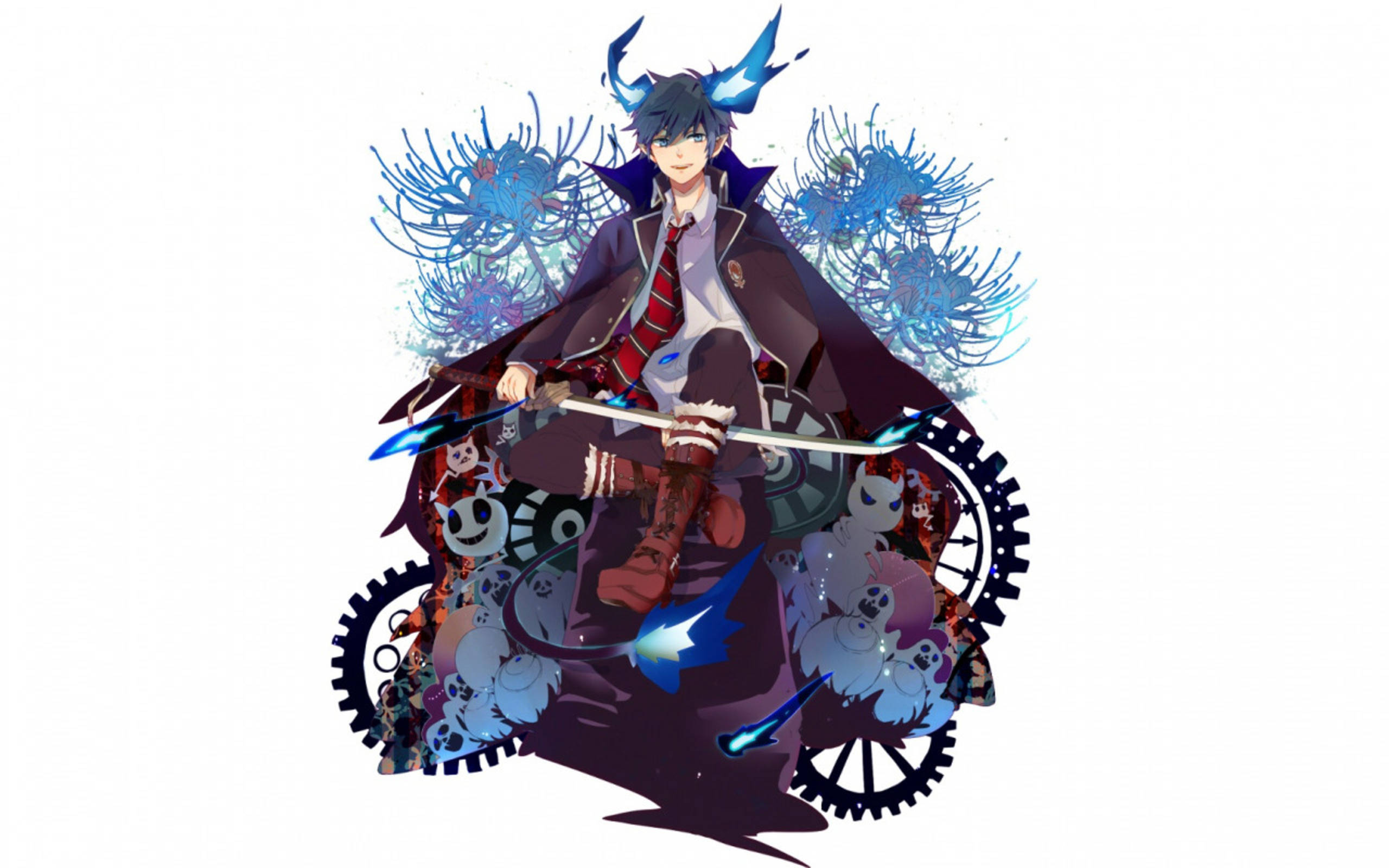 Blue Exorcist 桌布 壁紙 — 動漫男孩，藍色角，披風，在齒輪和鬼影中手持發光劍，動態姿勢。
