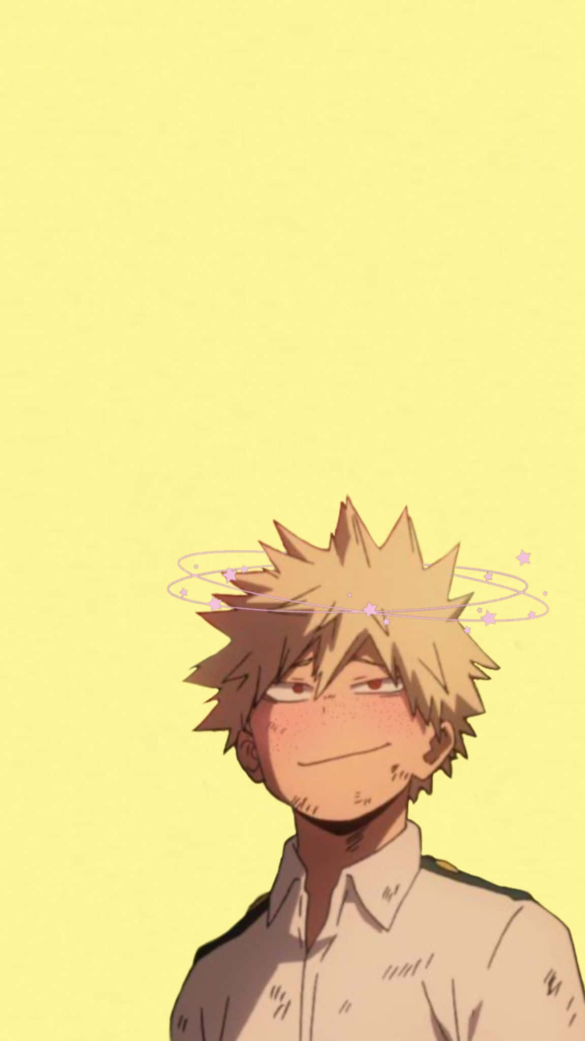 Bakugou Aesthetic 桌布 壁紙 — 動漫男孩，金色刺蝟頭，溫柔微笑，背景是柔和的黃色，有漂浮的星星。