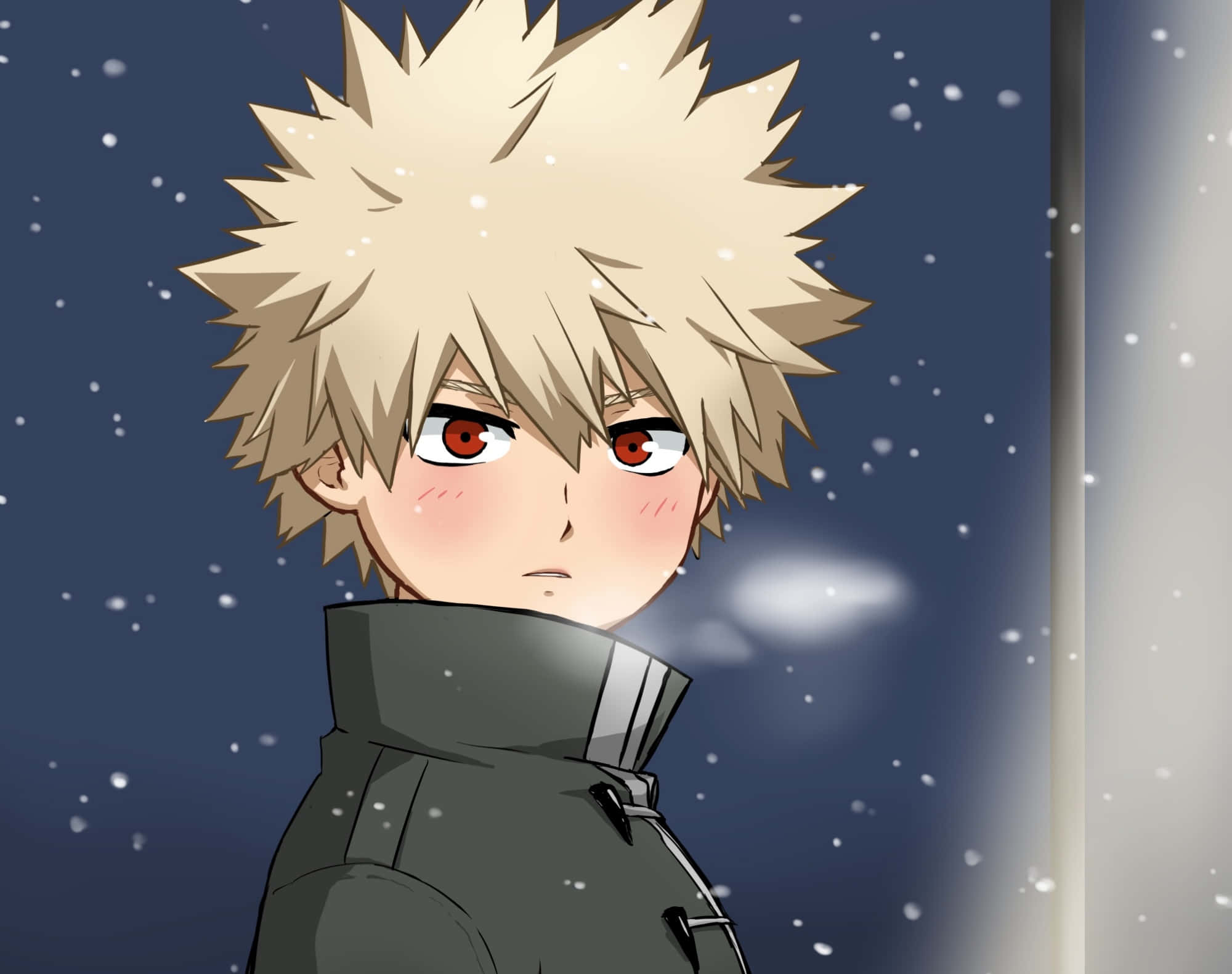 爆豪 桌布 壁紙 — 動漫男孩，金色刺蝟頭，紅色眼睛，凝視窗外，雪花飄落在深藍色夜空下。