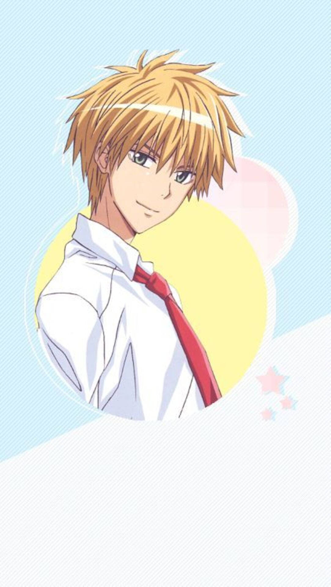 Kaichou Wa Maid Sama 桌布 壁紙 — 動漫男孩，金色尖刺頭髮，紅色領帶，在粉藍色和黃色背景上，有漂浮星星，溫柔微笑。