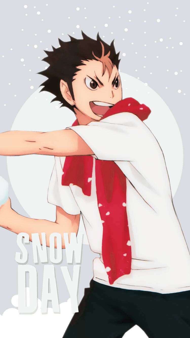 yu nishinoya 桌布 壁紙 — 動漫男孩，頭髮尖尖，戴著紅色圍巾，在雪景背景下帶著「SNOW DAY」文字兇猛微笑。