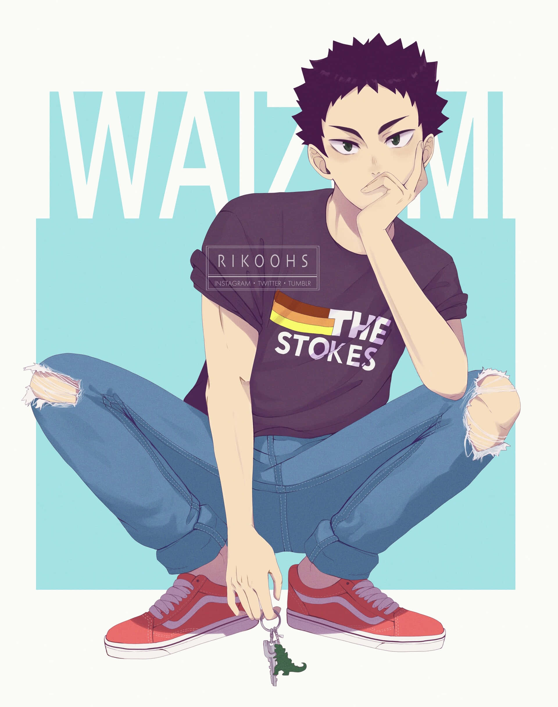 iwaizumi hajime 桌布 壁紙 — 動漫男孩，頭髮豎起，盤腿而坐，手持鑰匙，穿著破洞牛仔褲和紅色運動鞋，背景為淺藍色。