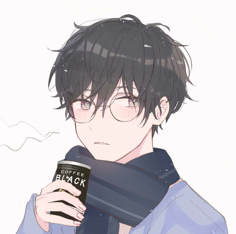 Animated 桌布 壁紙 — 動漫男孩，黑色亂髮，戴眼鏡，手持一杯冒煙的黑咖啡，杯子裹在深色圍巾裡。