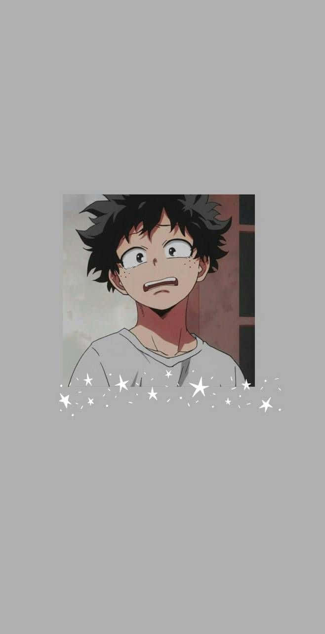 Aesthetic Deku 桌布 壁紙 — 動漫男孩，黑色亂髮，睜大眼睛，震驚地盯著脖子爆出的白色火花。