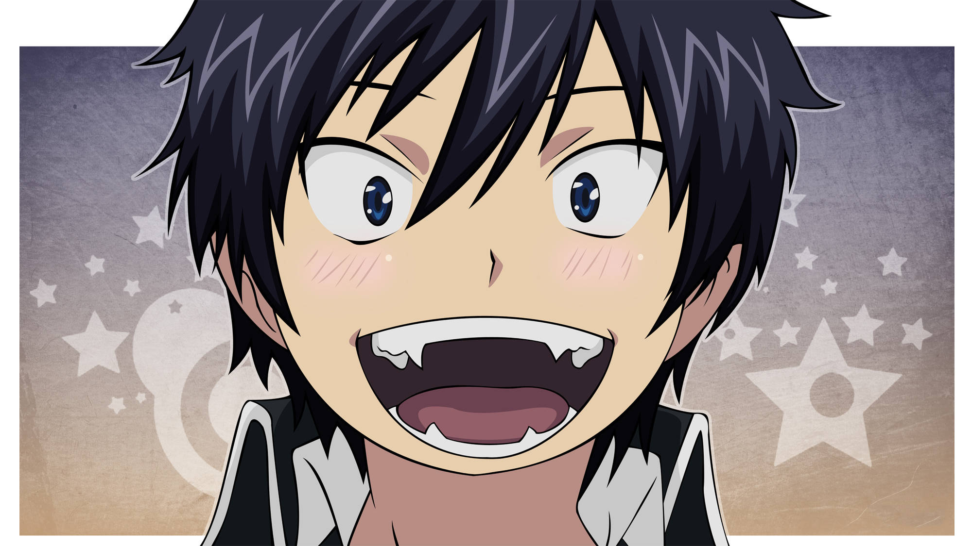 Blue Exorcist 桌布 壁紙 — 動漫男孩，黑色刺蝟頭，尖牙，在星空紋理背景上狂野地咧嘴笑。
