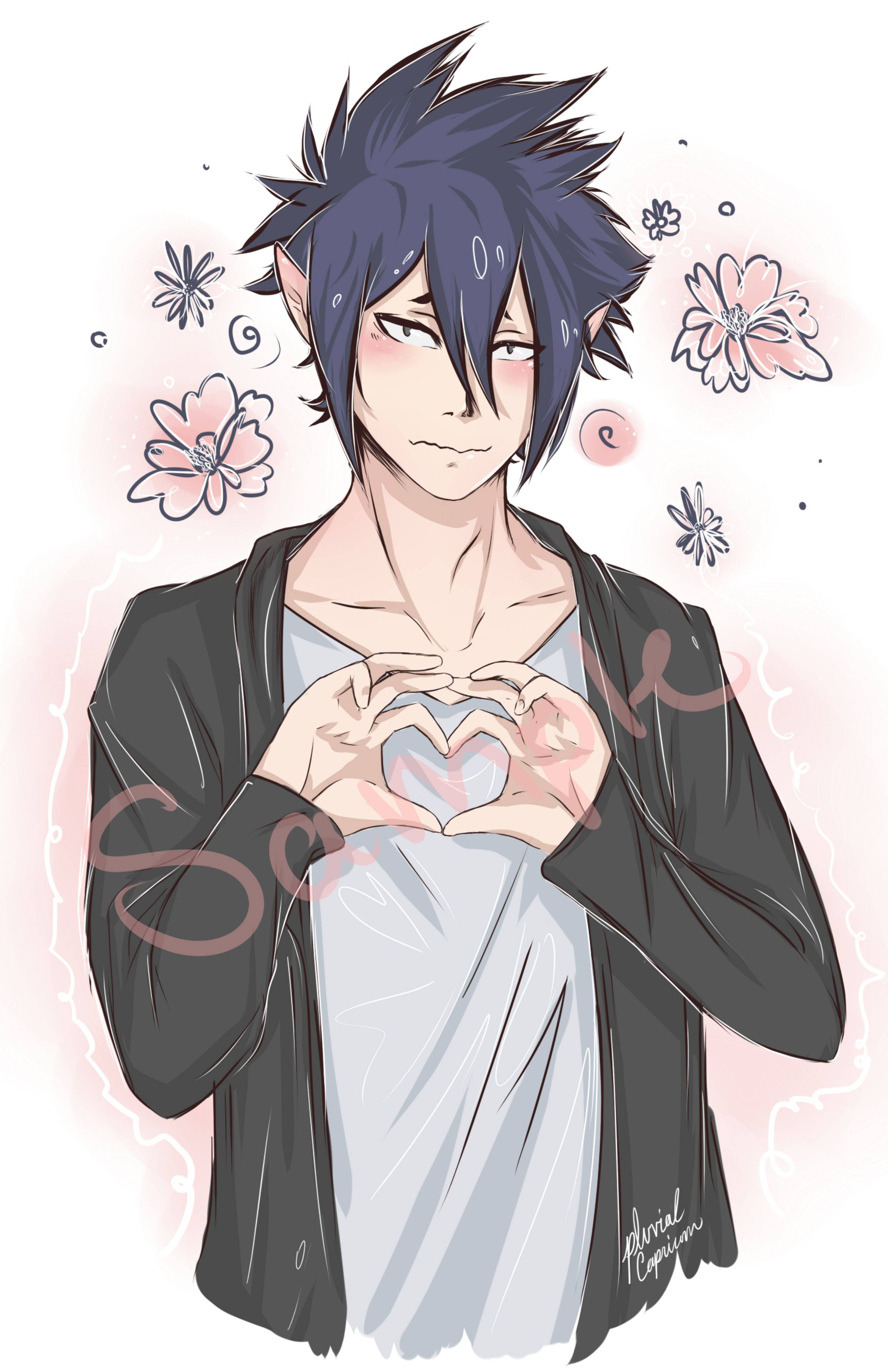 Tamaki Amajiki 桌布 壁紙 — 動漫男孩，黑色刺蝟頭，雙手比心，周圍環繞著粉紅色的櫻花。