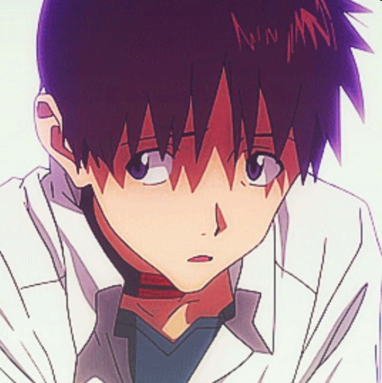 Shinji Ikari 桌布 壁紙 — 動漫男孩特寫，紫色尖刺頭髮帶紅色挑染，身穿白色外套，內搭紅色圍巾。