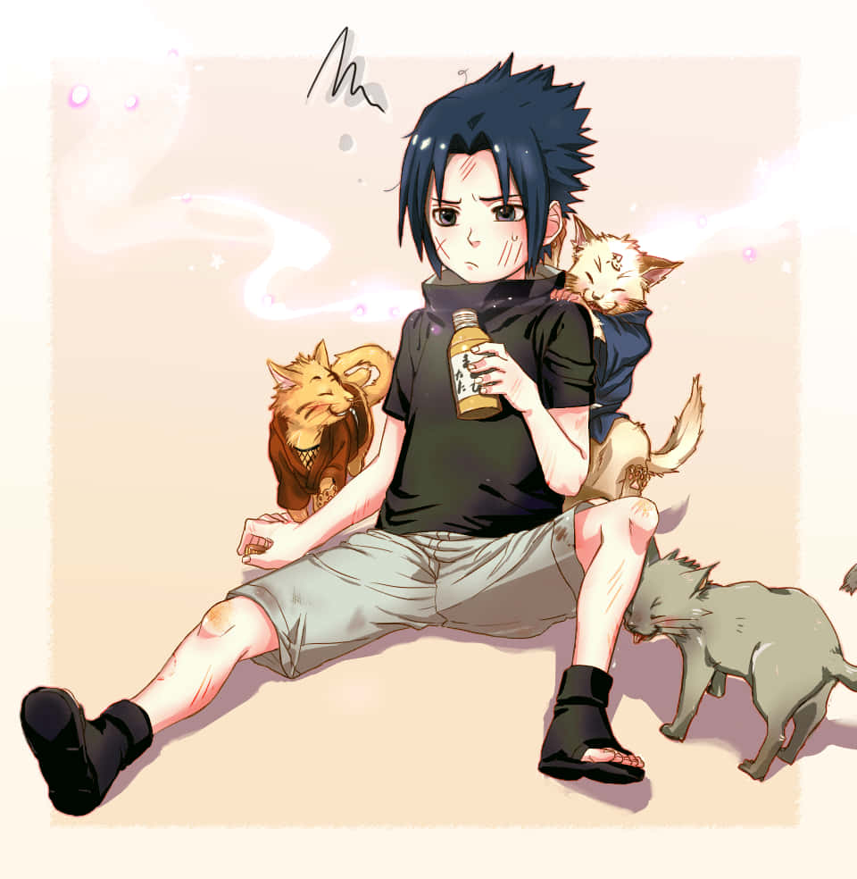 桌布 壁紙 — 動漫男孩留著刺刺的黑髮，盤腿而坐，手裡拿著一個瓶子，三隻貓咪在柔和的粉彩光線中依偎在他身邊。