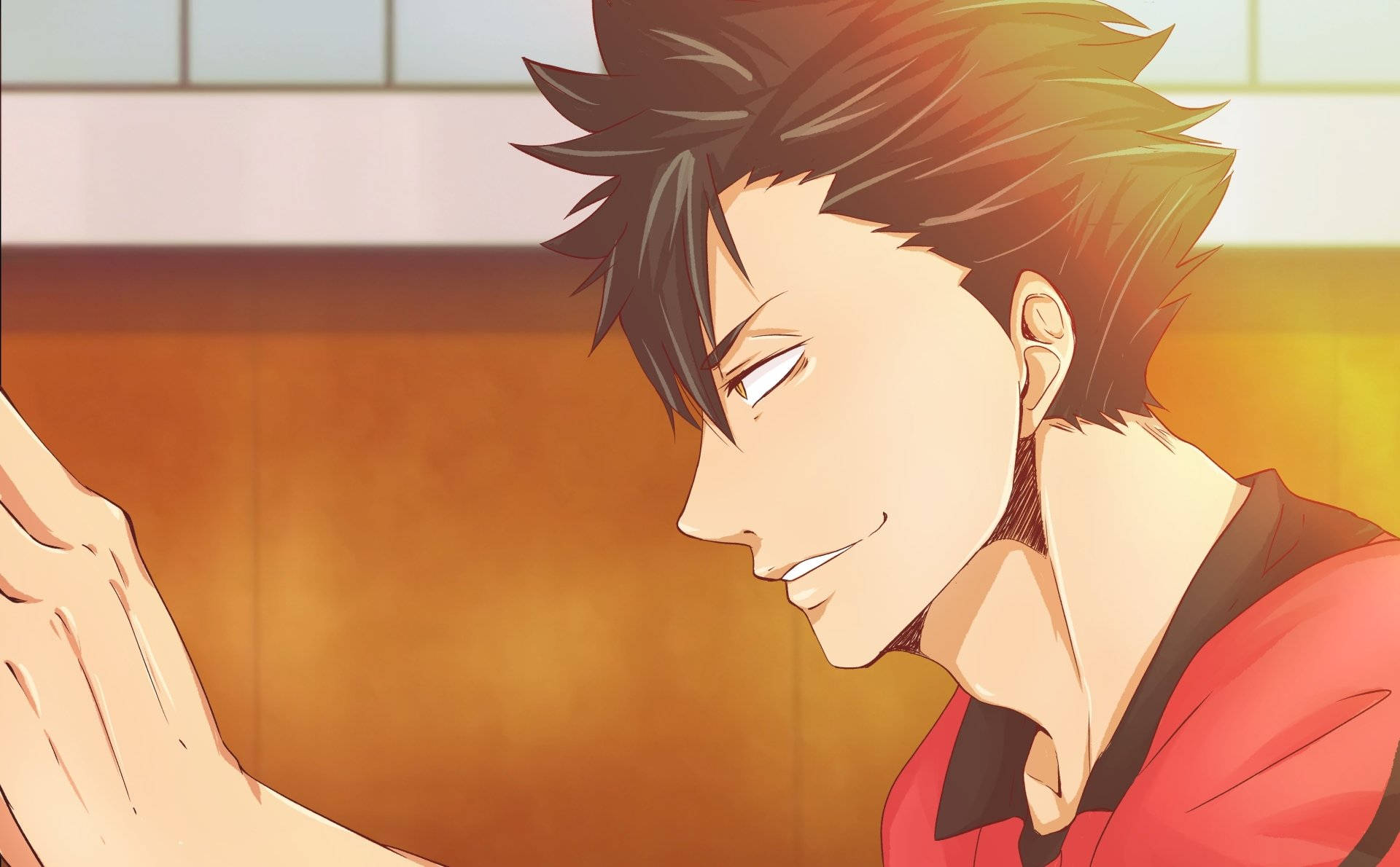 Kuroo 桌布 壁紙 — 動漫男孩留著刺蝟頭，在陽光充足的房間裡微笑著牽手，表情溫暖。