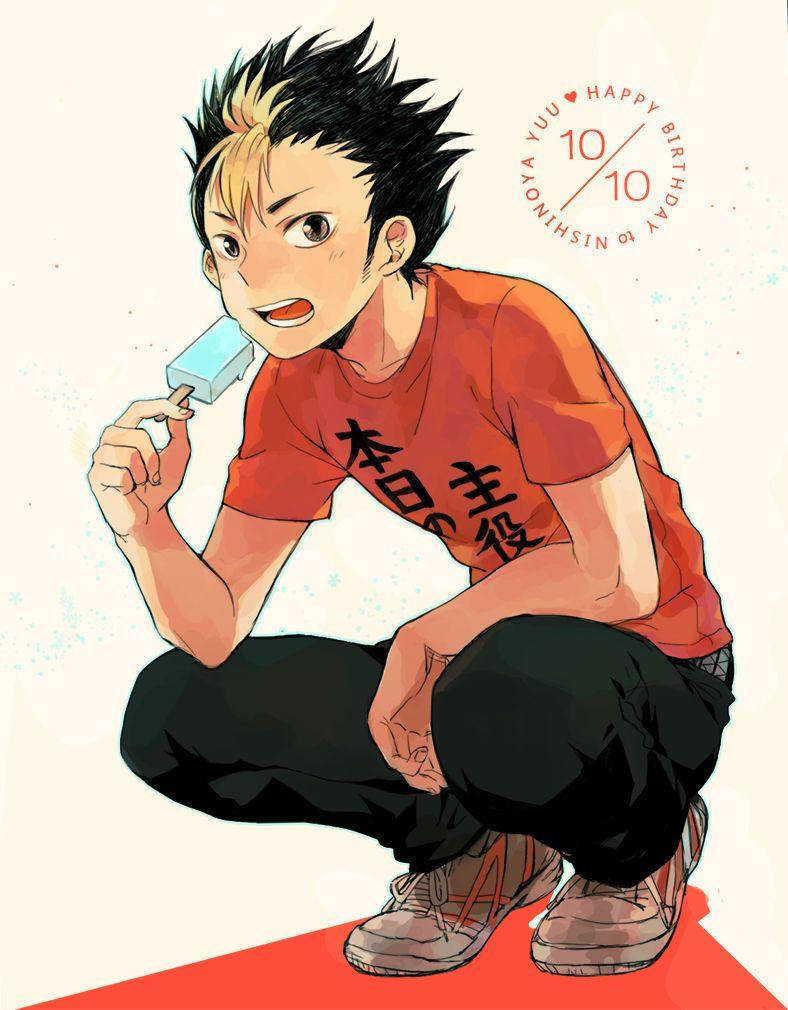 yu nishinoya 桌布 壁紙 — 動漫男孩留著刺蝟頭，穿著紅色襯衫，蹲著開心吃藍色冰棒。