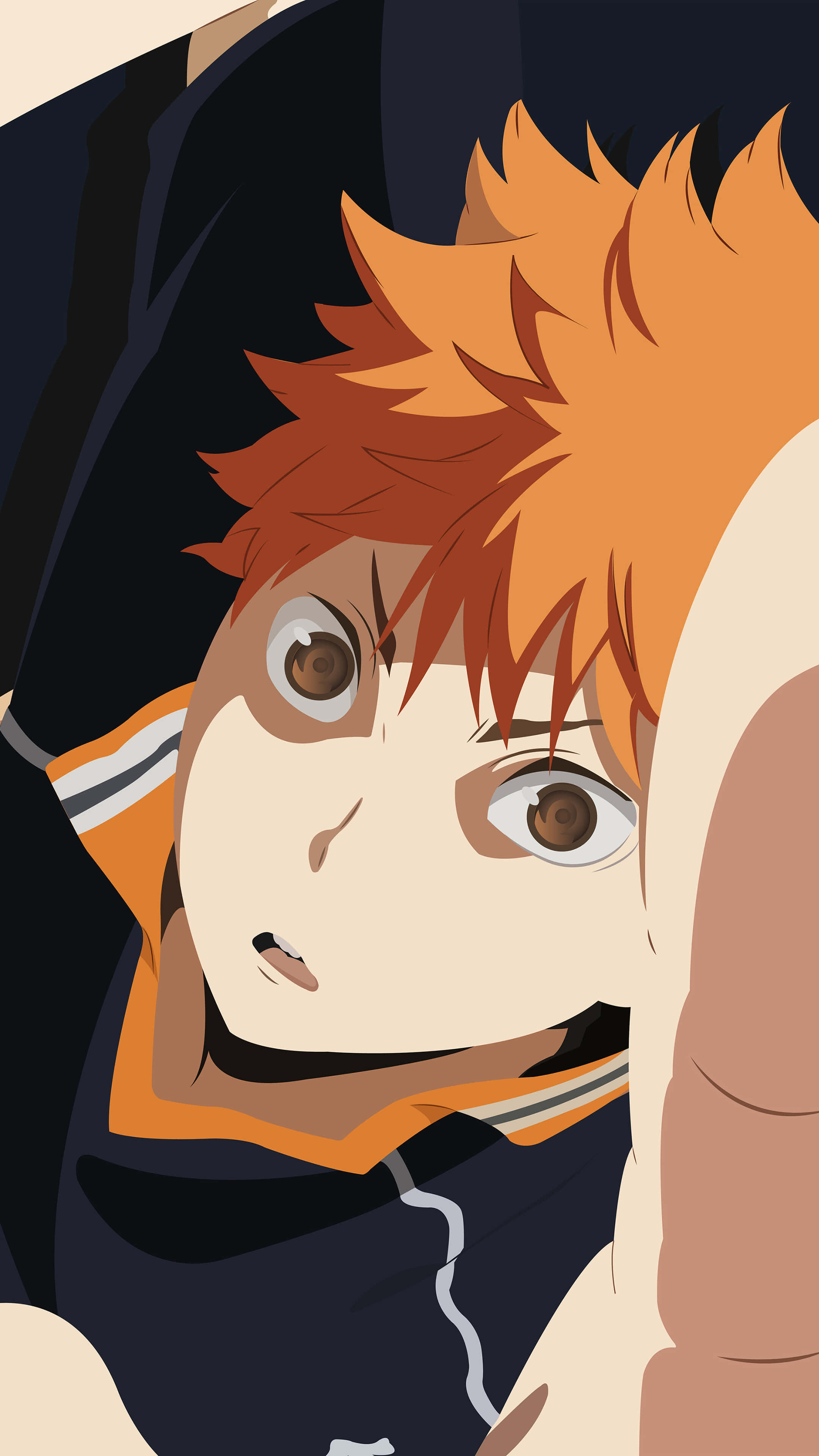 Haikyuu Fan Art 桌布 壁紙 — 動漫男孩的近照，擁有尖刺的橙色頭髮和寬大的棕色眼睛，身穿深藍色運動球衣。