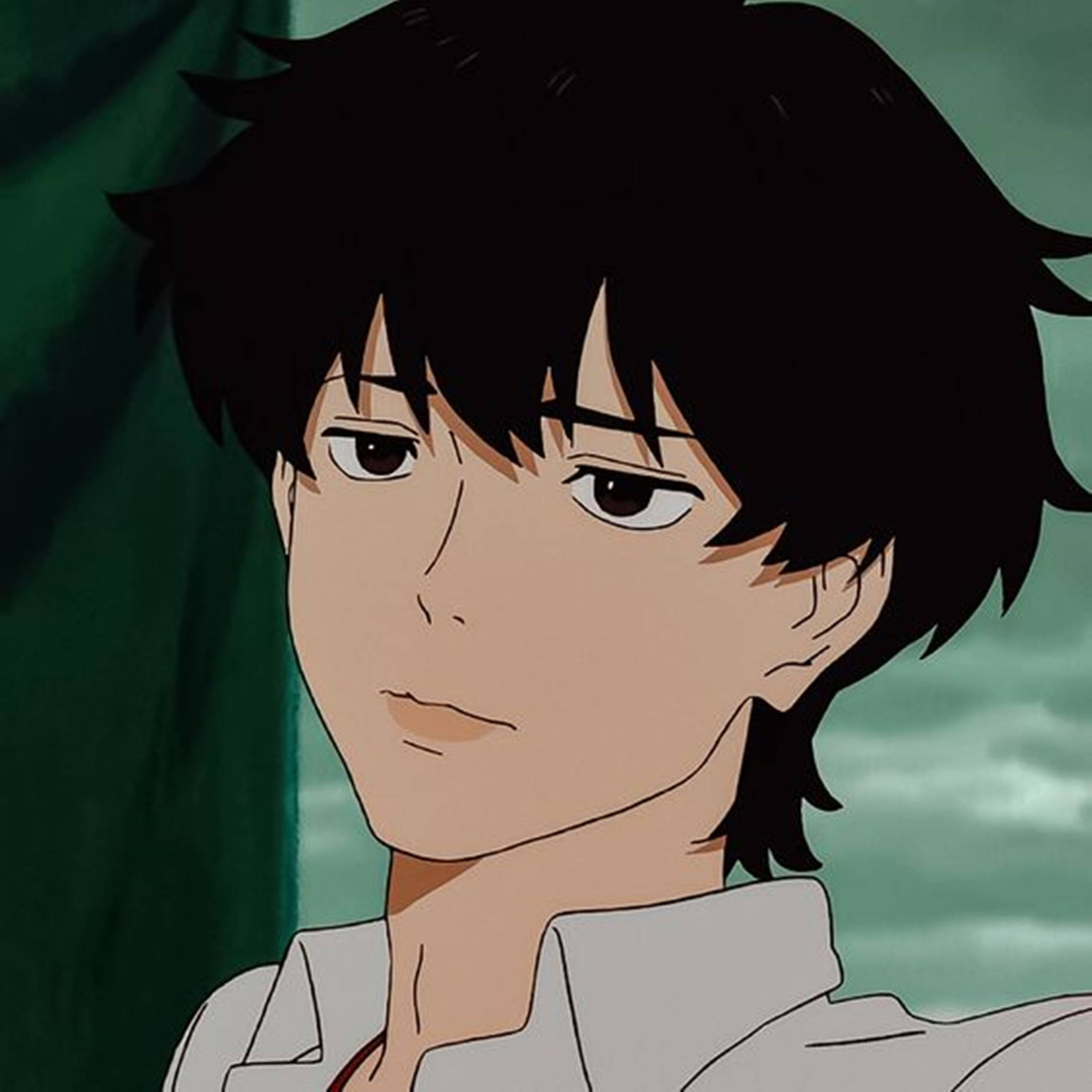 Cute Anime Boy 桌布 壁紙 — 動漫男孩的近距離特寫，一頭凌亂的黑髮，表情中性，背景是綠色窗簾。