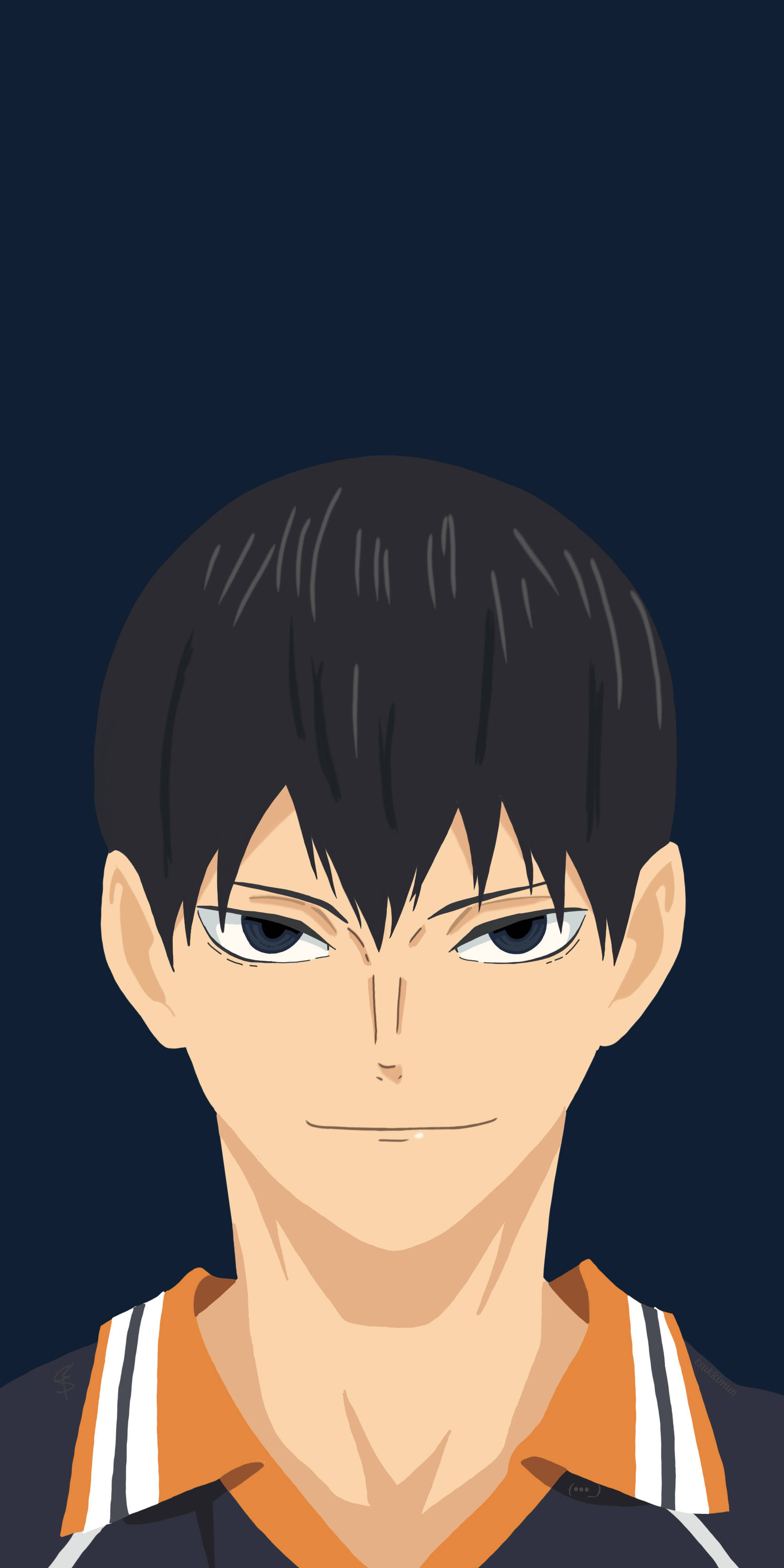 Kageyama 桌布 壁紙 — 動漫男孩的頭像特寫，黑髮、眼神銳利，身穿橙色和黑色運動球衣，背景為深藍色。