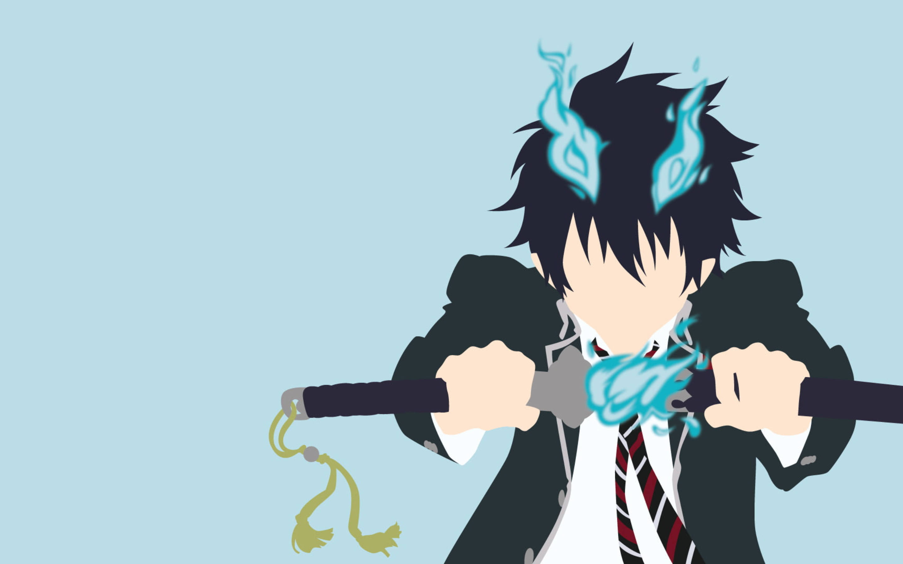 Exorcist 桌布 壁紙 — 動漫男孩穿著校服，握著劍，頭髮和劍刃上噴發出藍色火焰能量，背景為淡藍色。