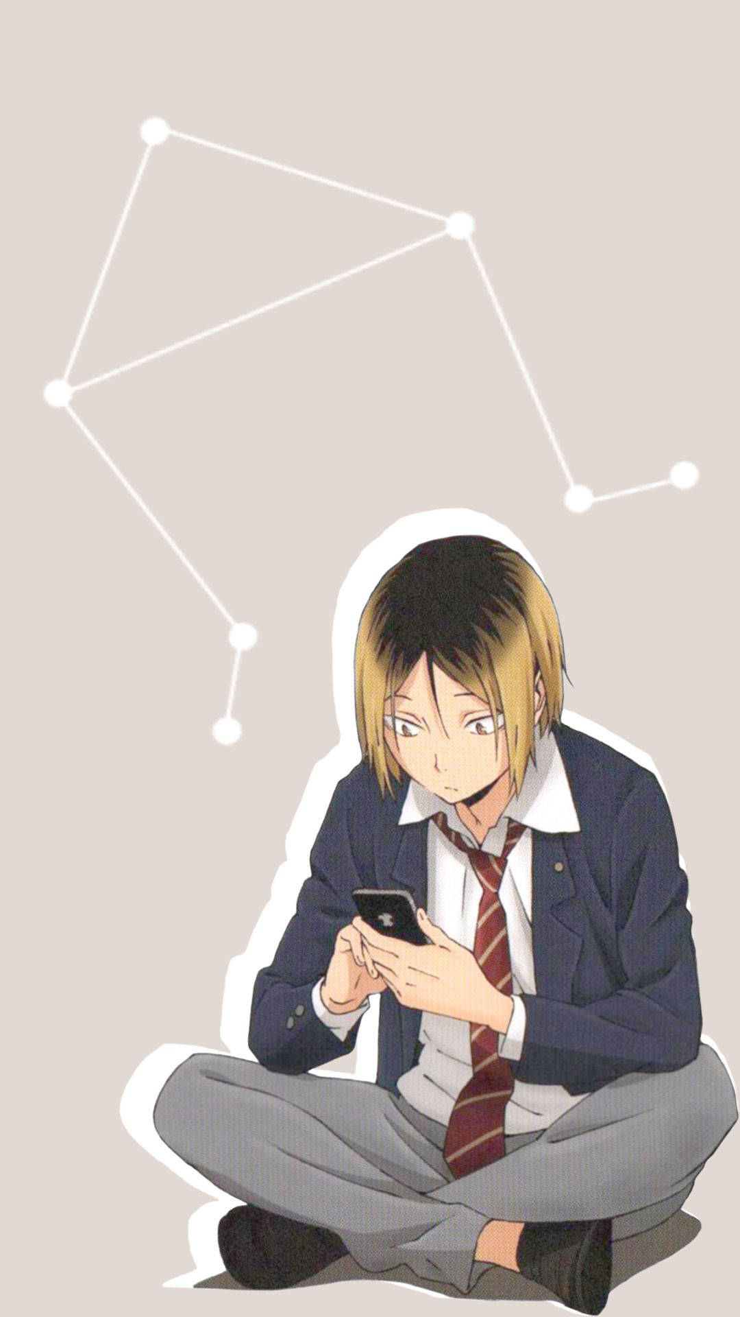動漫男孩 桌布 壁紙 — 動漫男孩穿著校服盤腿坐著看手機，上方有星座。