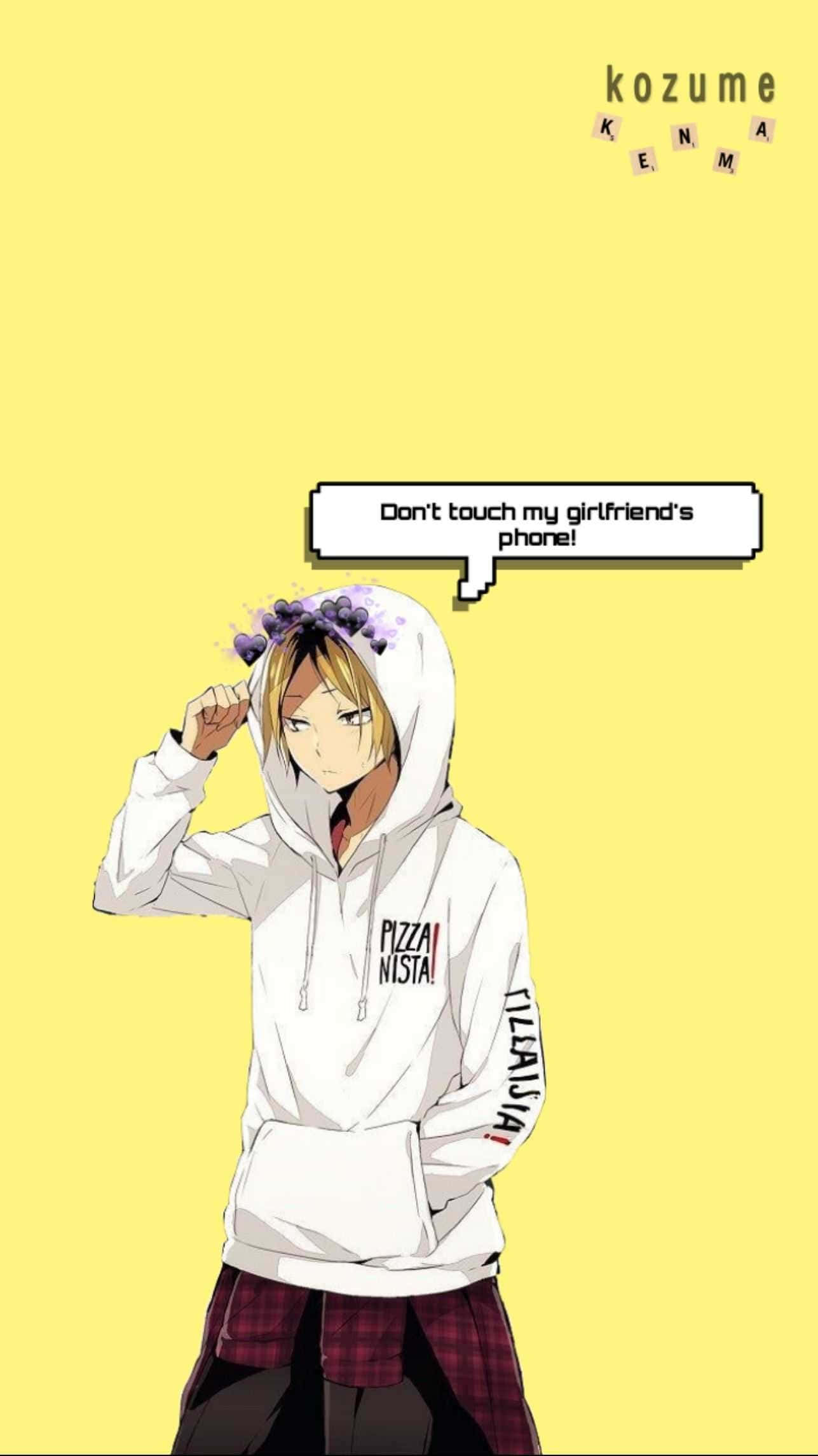 桌布 壁紙 — 動漫男孩穿著白色連帽衫，戴著紫色花冠，在亮黃色背景前警告不要碰他女朋友的手機。