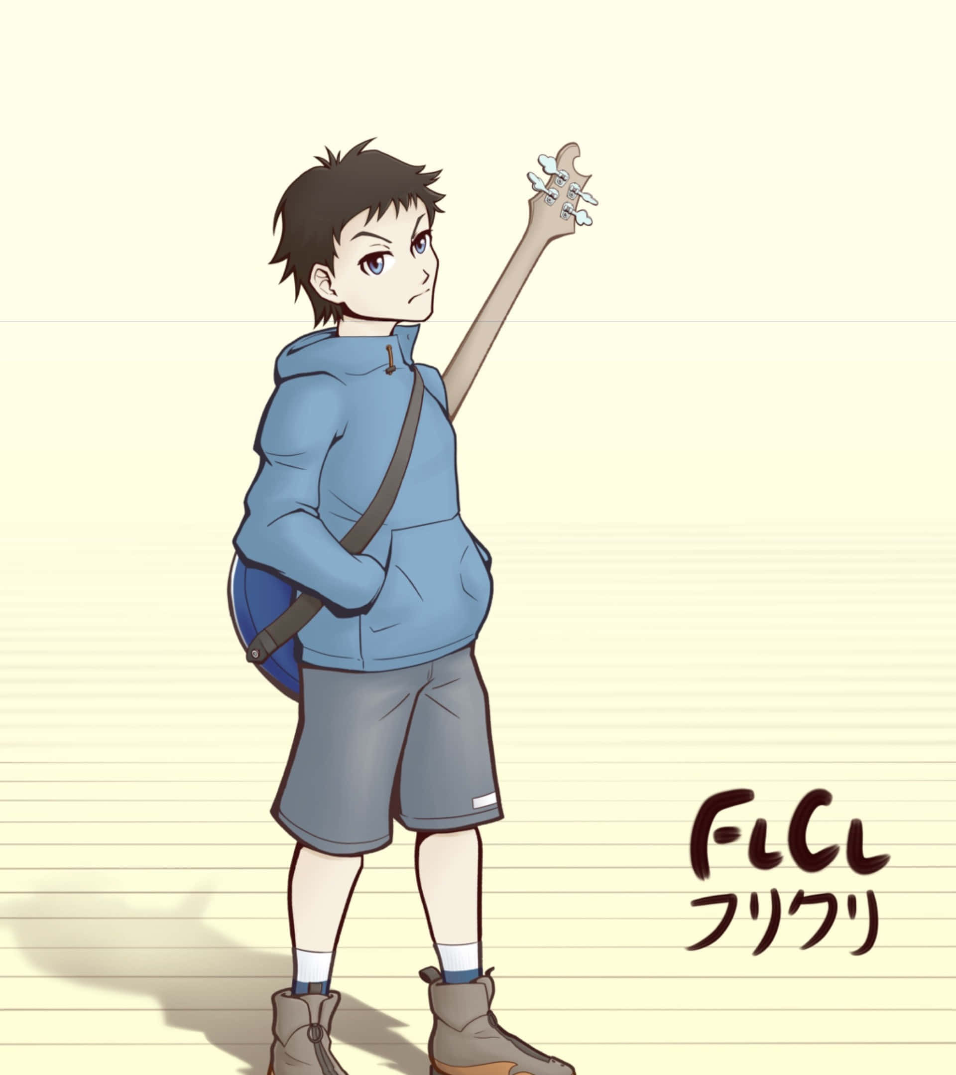 Naota Nandaba 桌布 壁紙 — 動漫男孩穿著藍色連帽衫，在帶有FLC標誌的橫線紙背景上拿著吉他。