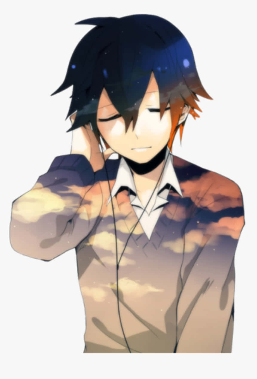 動畫 桌布 壁紙 — 動漫男孩閉上眼睛，星形頭髮，聽著音樂，夕陽雲彩在他的毛衣上旋轉。