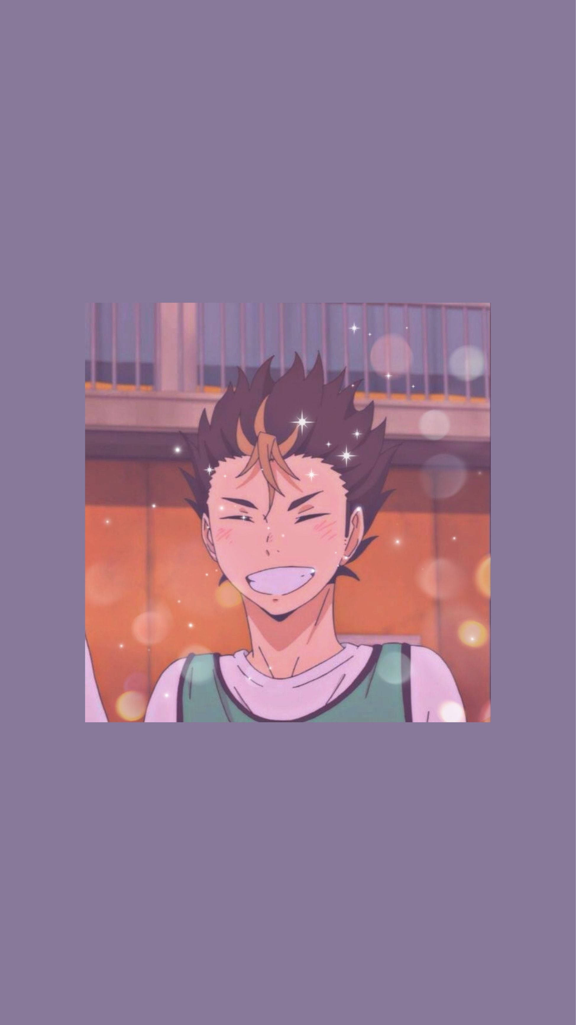 yu nishinoya 桌布 壁紙 — 動漫男孩頭髮尖尖，在溫暖的日落光線中閃耀，身後有散景閃爍。