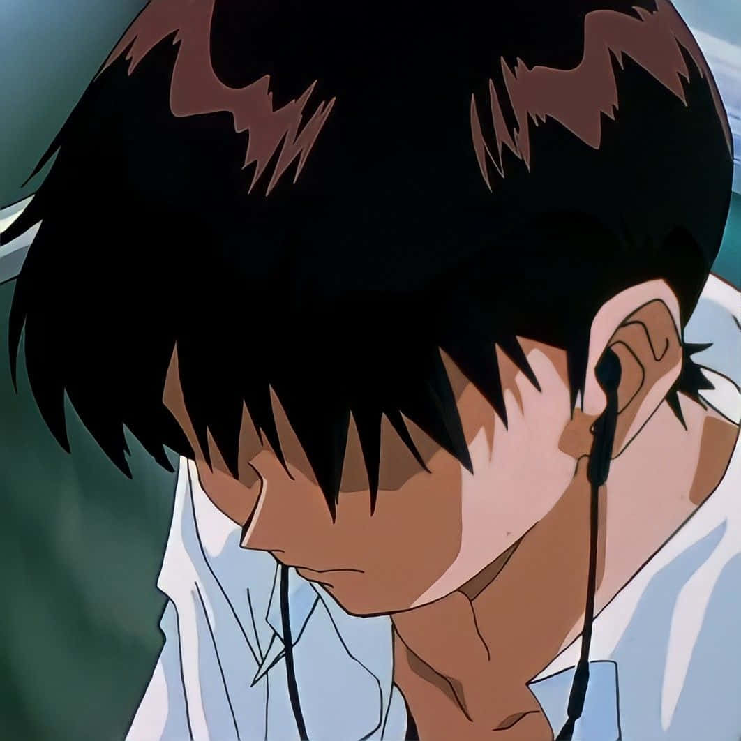 Shinji Ikari 桌布 壁紙 — 動漫男孩黑色刺蝟頭戴耳機低頭的特寫。