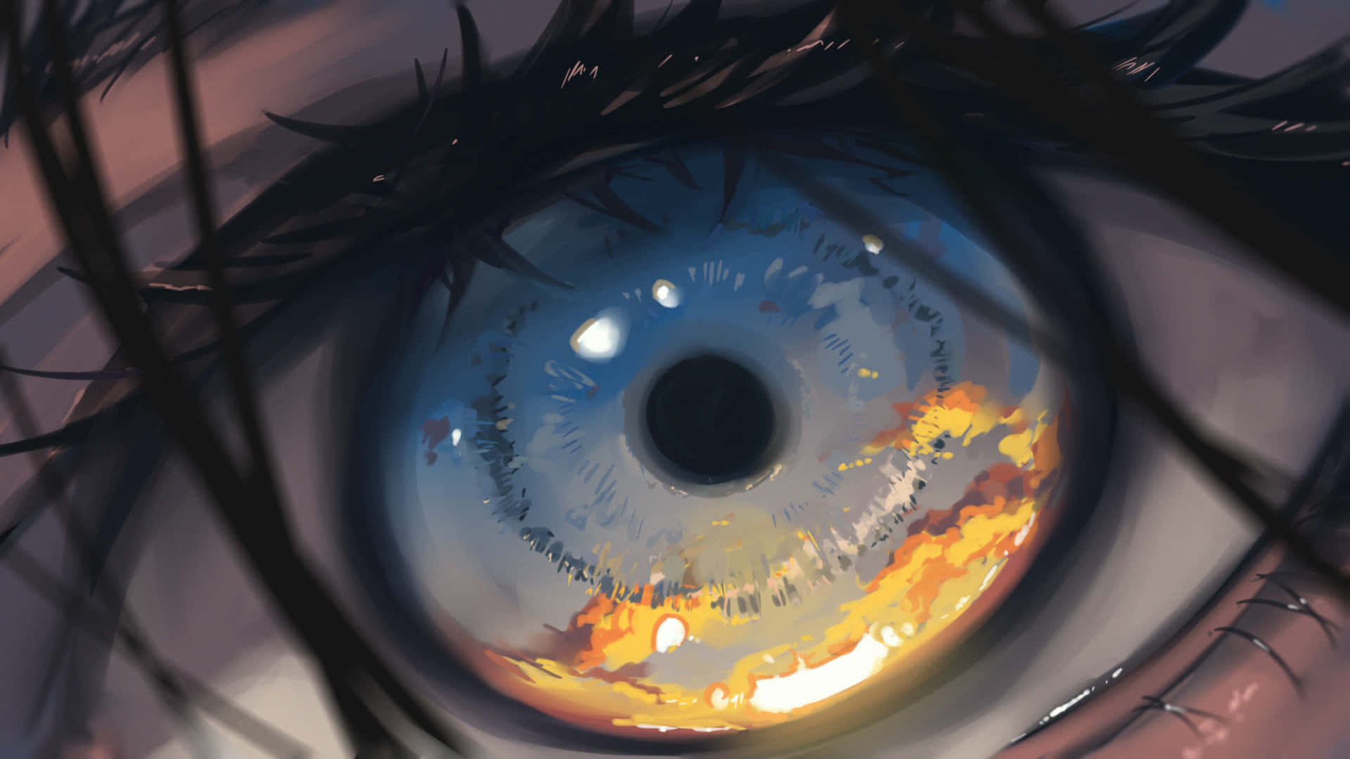Eye 桌布 壁紙 — 動漫眼睛特寫，藍色虹膜反射熾熱的夕陽色調，深色睫毛框住目光。