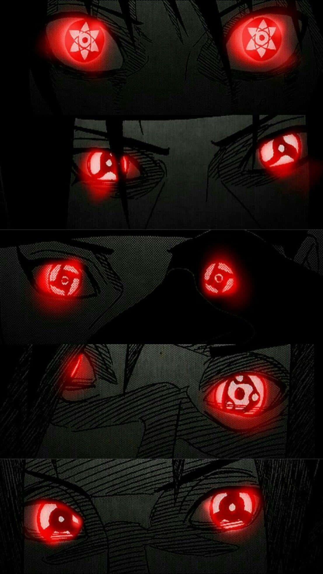 Naruto Eyes 桌布 壁紙 — 動漫眼睛的特寫，在黑暗背景上閃爍著強烈的紅色巴紋圖案。
