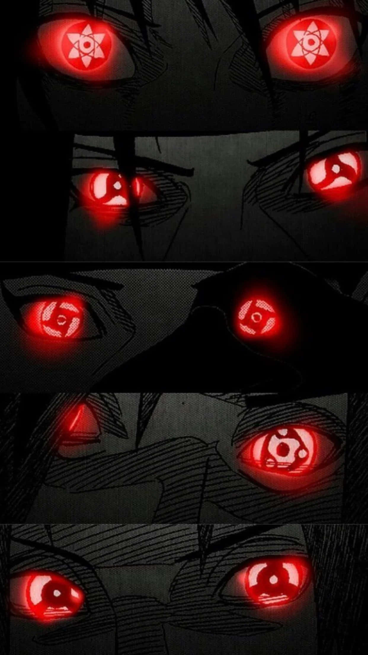 Kekkei Genkai 桌布 壁紙 — 動漫眼睛的特寫，在黑暗陰影中閃爍著不同的紅色巴紋圖案。