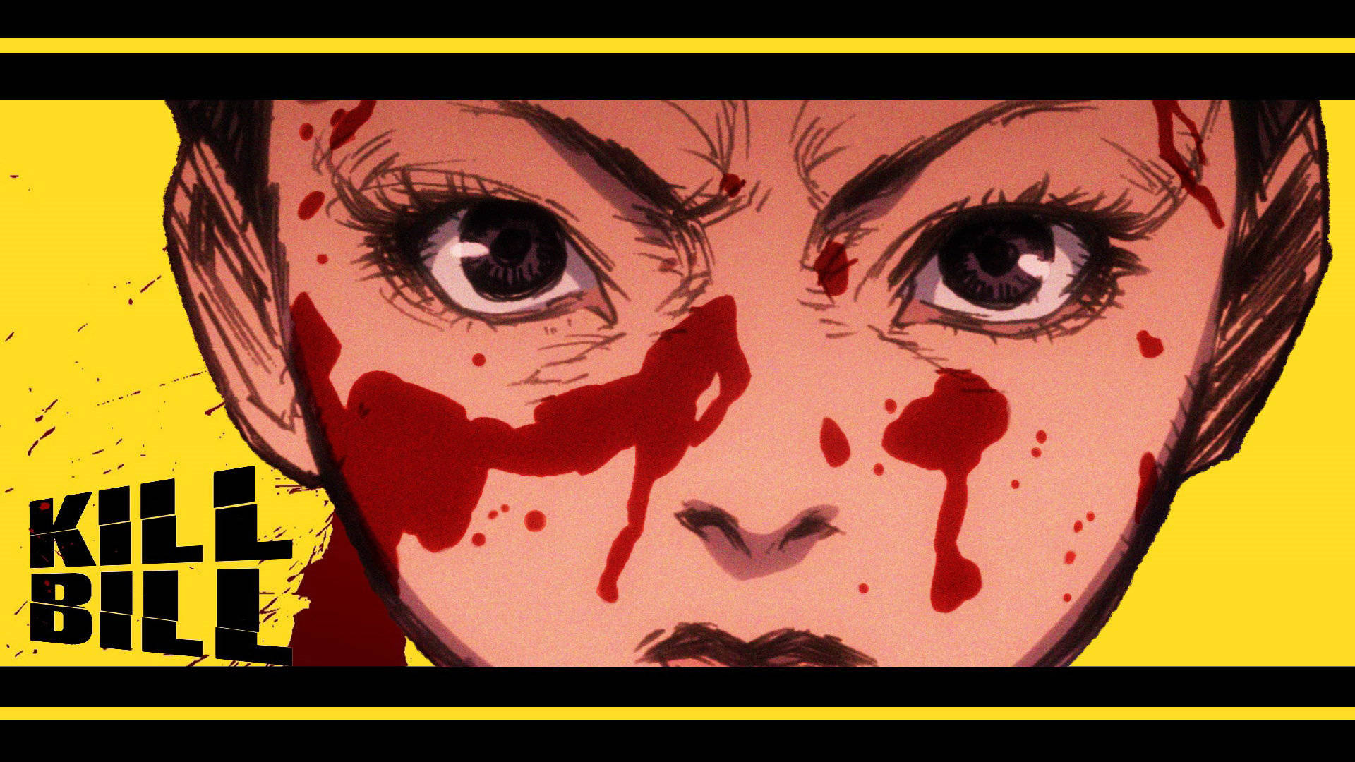 Kill Bill 桌布 壁紙 — 動漫臉部特寫，帶有血跡，背景為大膽的黃色，並有「KILL BILL」文字。