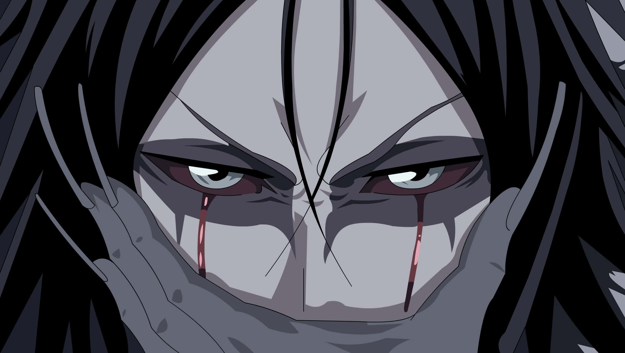 Bleach Muramasa 桌布 壁紙 — 動漫臉部特寫，強烈的眼睛和血淚被手捧著，襯托深色頭髮。