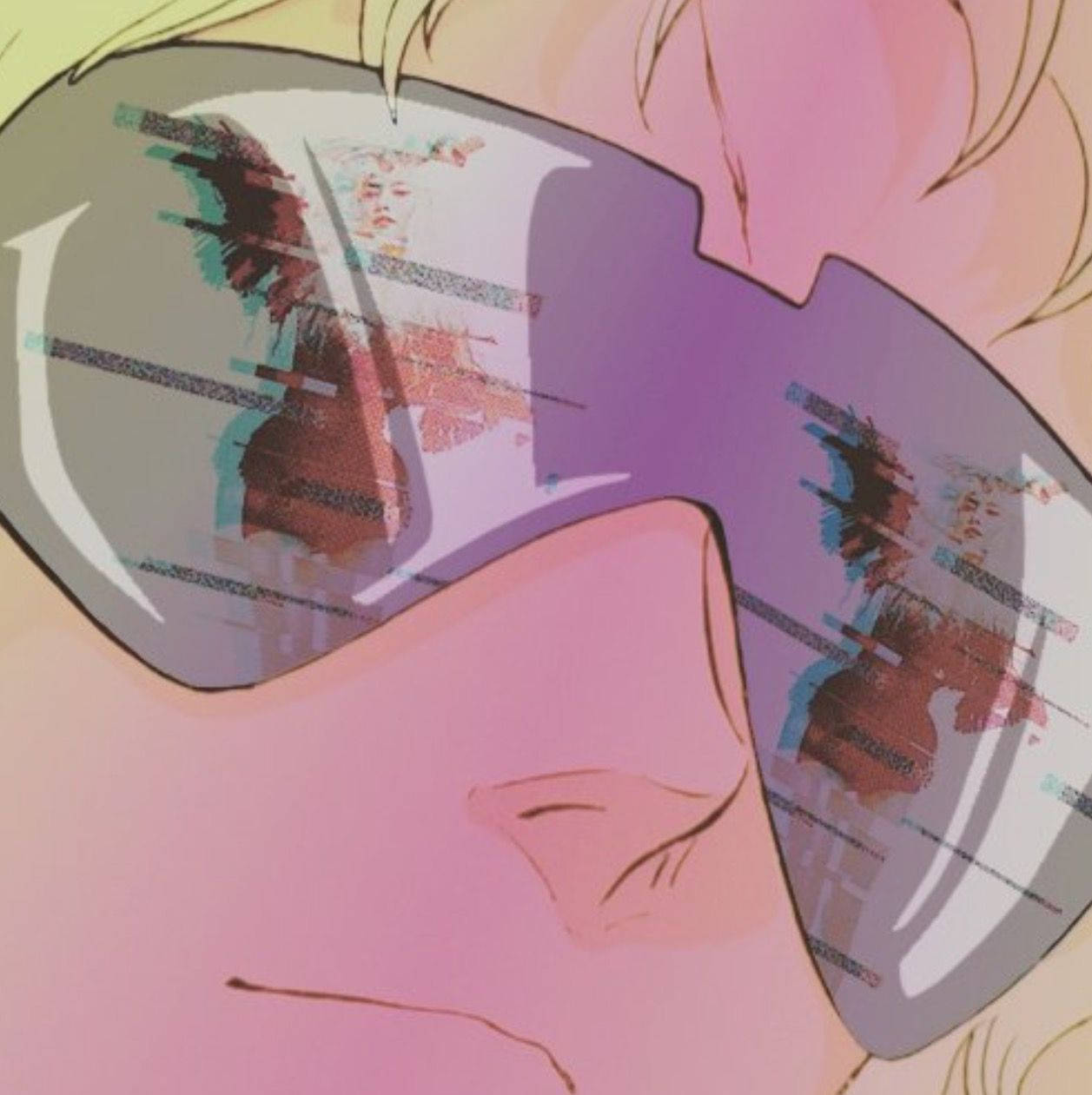 Sunglasses 桌布 壁紙 — 動漫臉部特寫，戴著超大太陽眼鏡，反射出柔和粉紅色調的故障數位影像。