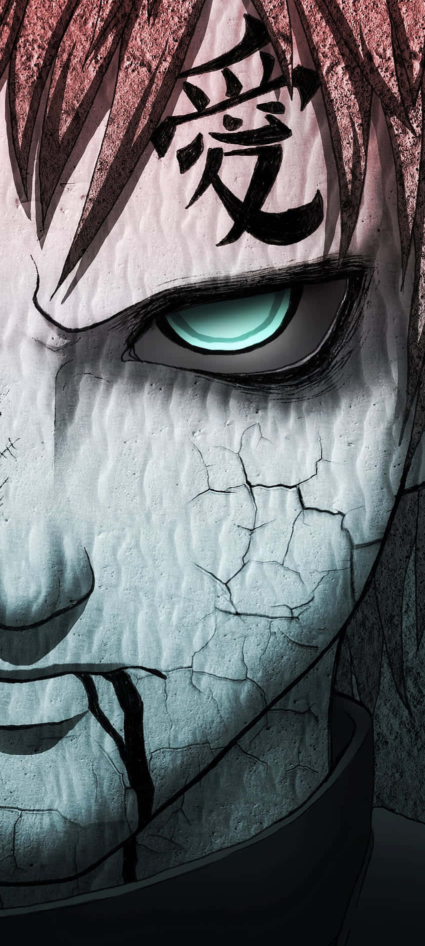 Gaara Naruto Anime 桌布 壁紙 — 動漫臉部裂紋特寫，帶有發光的青色眼睛和額頭上的漢字標記。