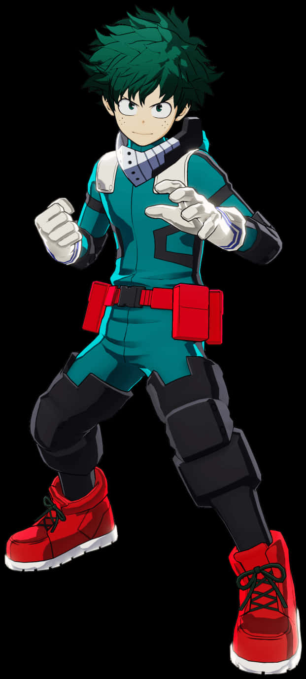 My Hero Academia Anime 桌布 壁紙 — 動漫英雄，綠色尖刺頭髮，穿著青綠色西裝，在黑色背景下擺出動態戰鬥姿勢。