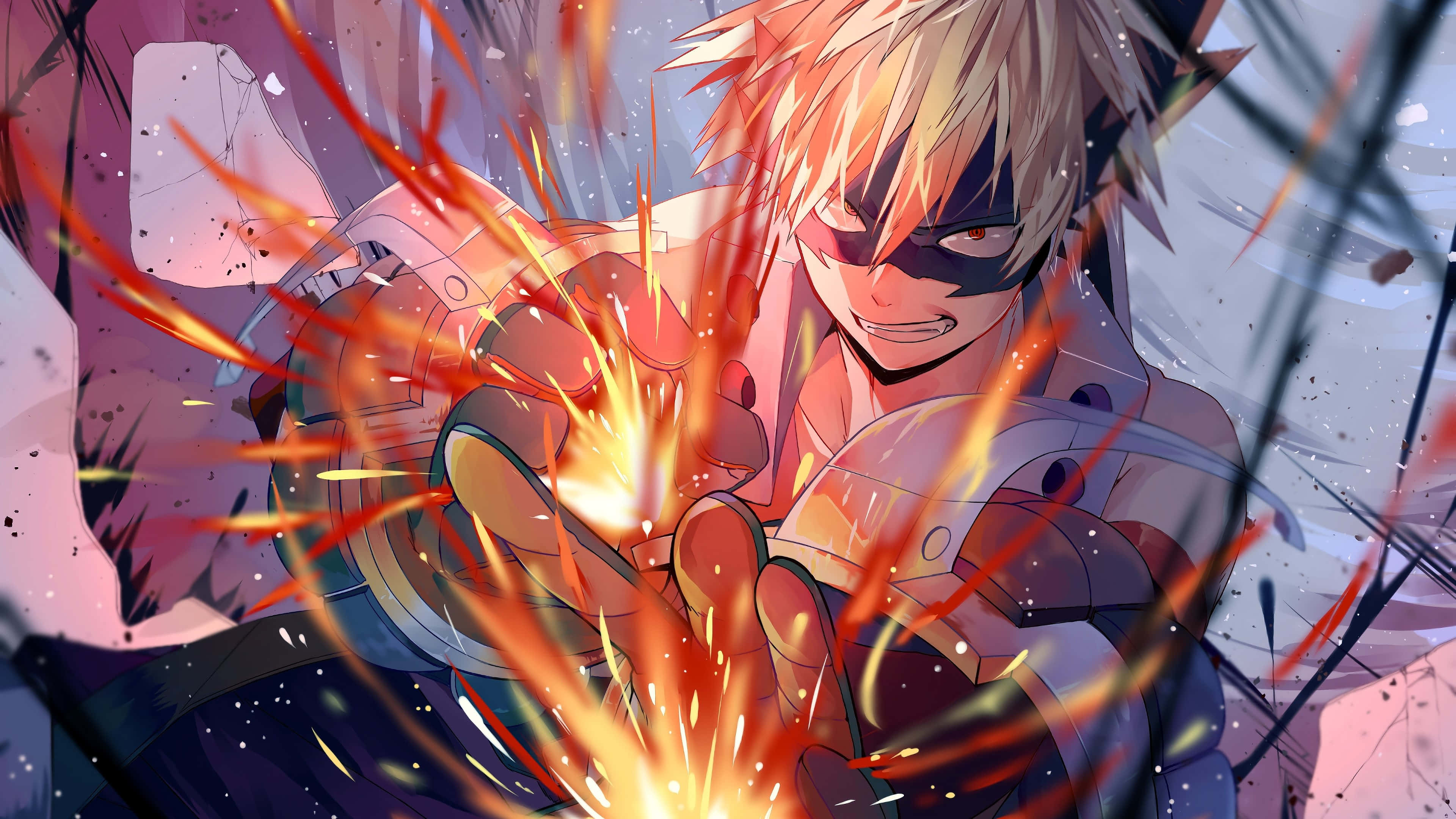 My Hero Academia Laptop 桌布 壁紙 — 動漫英雄，金色刺蝟頭，雙手在破碎的瓦礫和閃爍的火花中釋放出熾熱的能量。