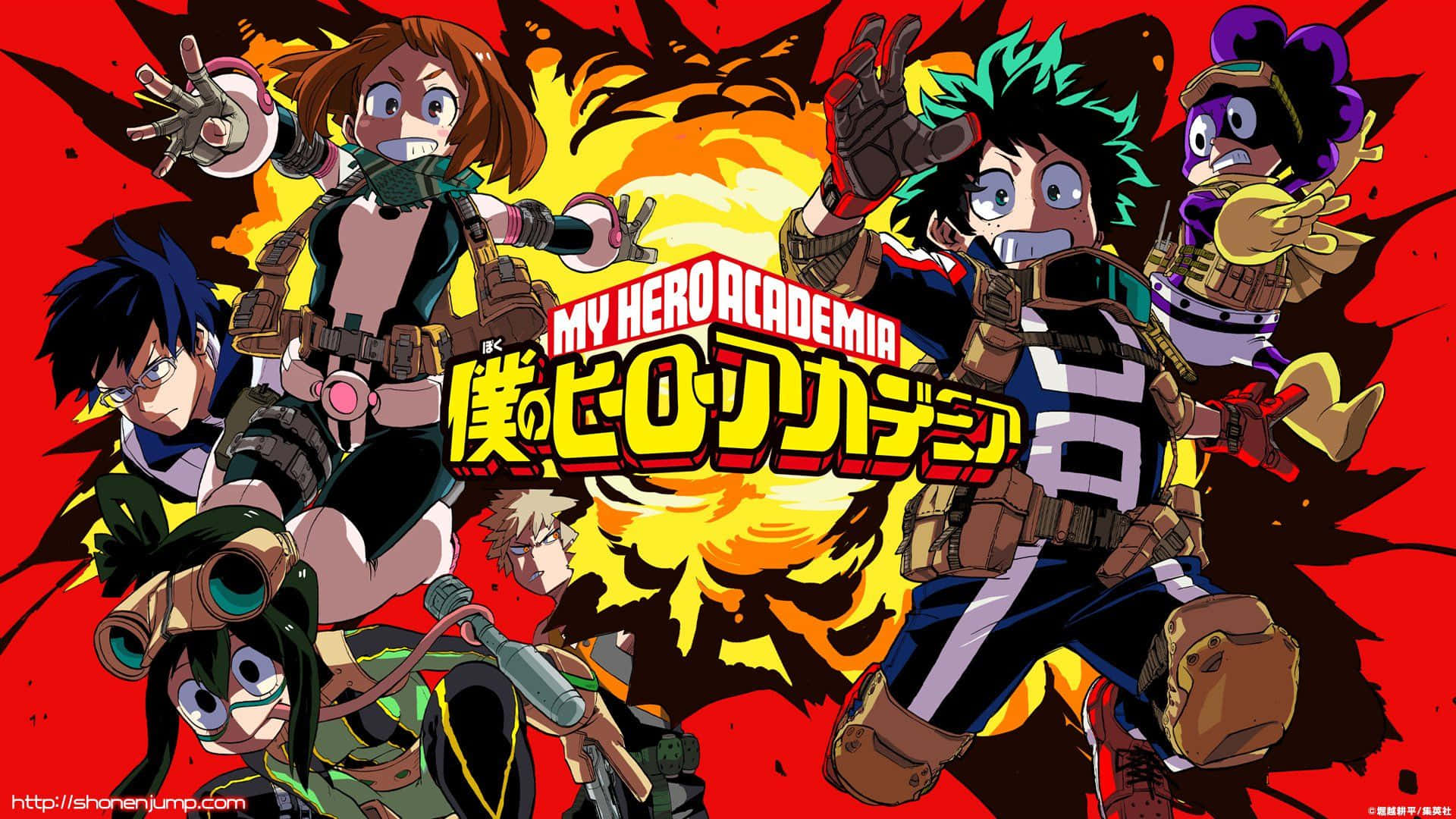 My Hero Academia Laptop 桌布 壁紙 — 動漫英雄以動感姿態在熾熱爆炸背景下展現，搭配大膽的紅色和黃色。