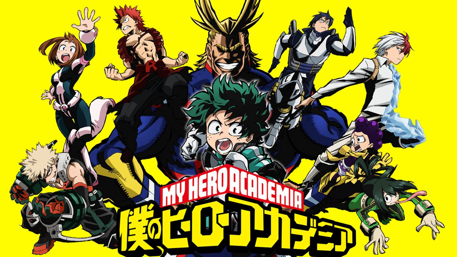 Mha 桌布 壁紙 — 動漫英雄在亮黃色背景上擺出動態動作姿勢，並帶有粗體標題文字。