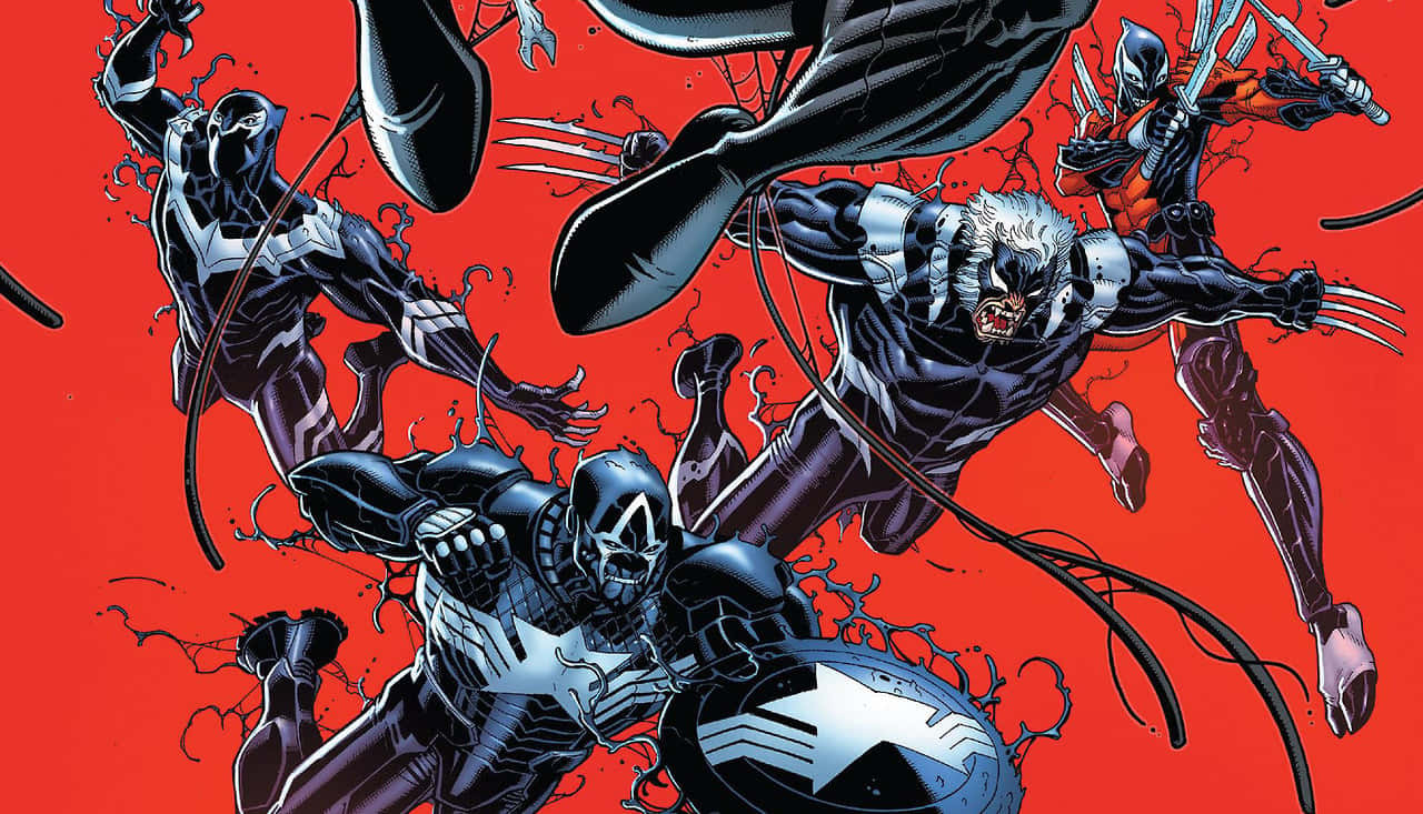 Venomverse 桌布 壁紙 — 動漫英雄身穿黑色共生體戰衣，在鮮豔的紅色背景上以爆炸性能量激烈衝突。