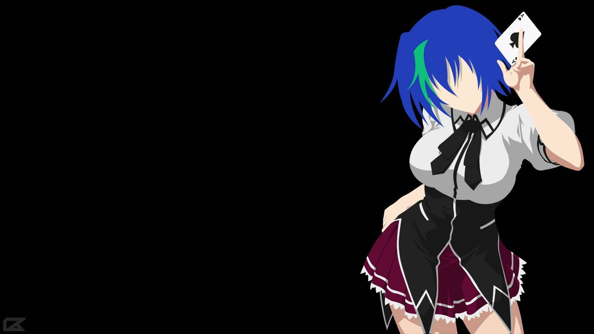 Dxd 桌布 壁紙 — 動漫藍髮少女穿著校服，在黑色背景前手持黑桃A。