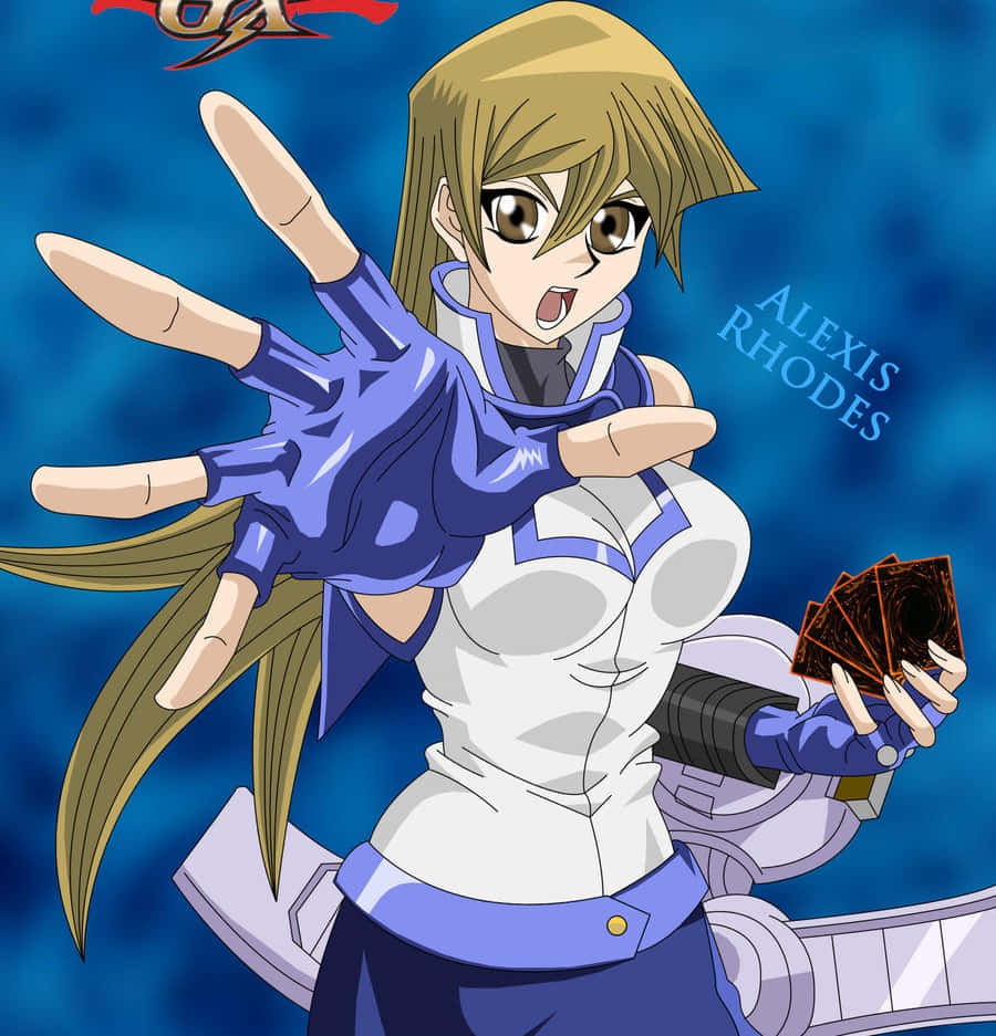 Alexis Rhodes 桌布 壁紙 — 動漫角色 Alexis Rhodes 以動態姿勢呈現，戴著發光藍色手套和卡牌，背景為深藍色。
