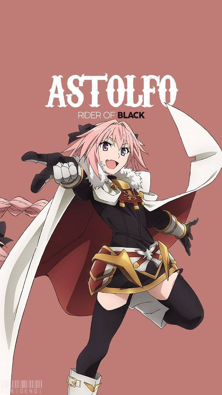 Astolfo 桌布 壁紙 — 動漫角色 Astolfo 以動態姿勢展現粉紅頭髮和黑色斗篷，背景為純粉紅色。