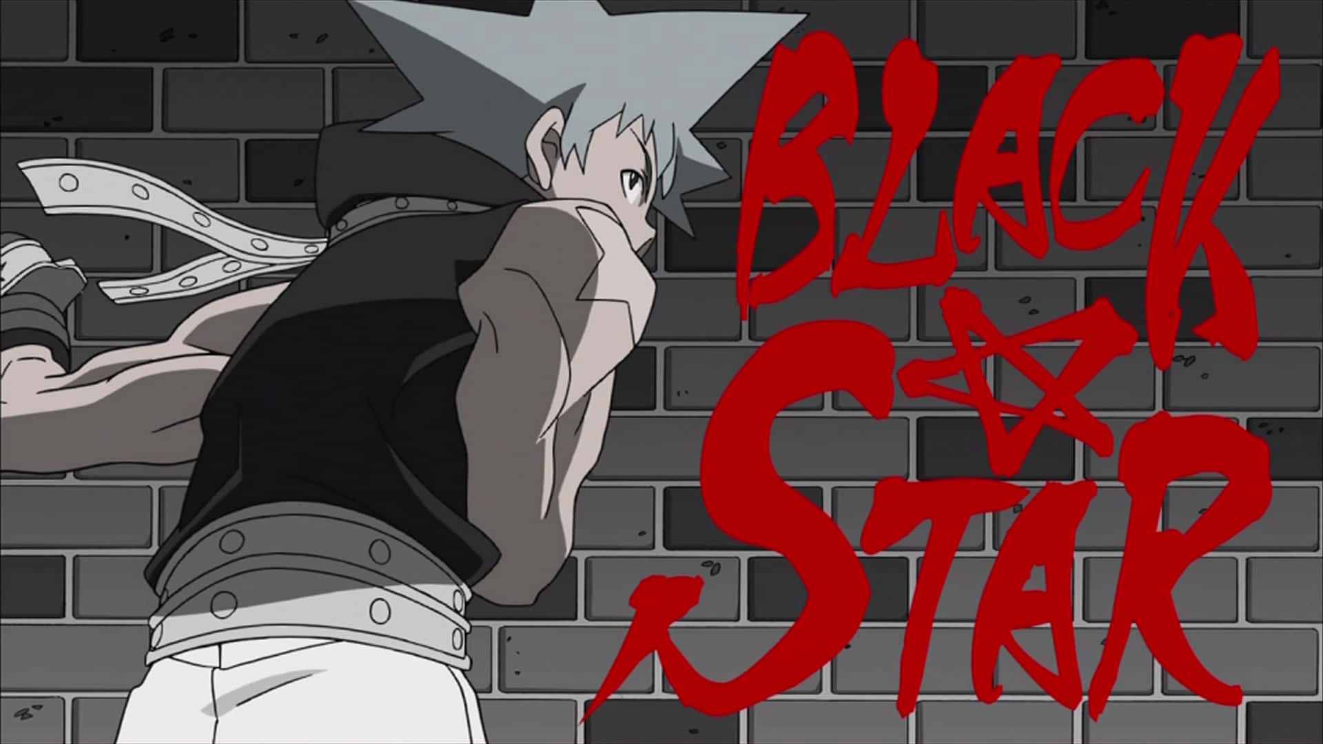 Soul Eater 桌布 壁紙 — 動漫角色 Black Star 站在磚牆前，他的名字以粗體紅色塗鴉呈現。
