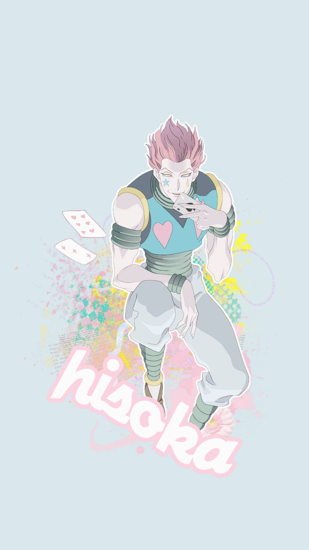 西索 桌布 壁紙 — 動漫角色 Hisoka 擁有粉紅色頭髮和心形主題服裝，在淺藍色背景上自信地擺姿勢，背景上有色彩繽紛的油漆飛濺。