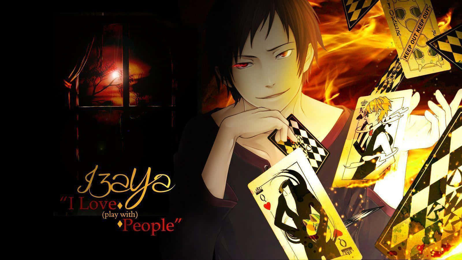 Izaya Orihara 桌布 壁紙 — 動漫角色 I3aya 在黑暗窗邊手持燃燒的撲克牌，背景是紅色日落剪影。