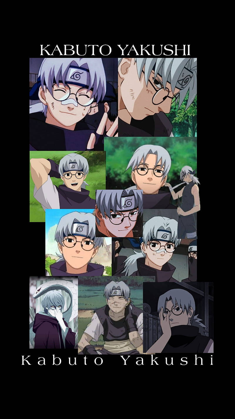 Cute Baddie 桌布 壁紙 — 動漫角色 Kabuto Yakushi 在黑色背景上以各種表情和服裝組成的拼貼畫。